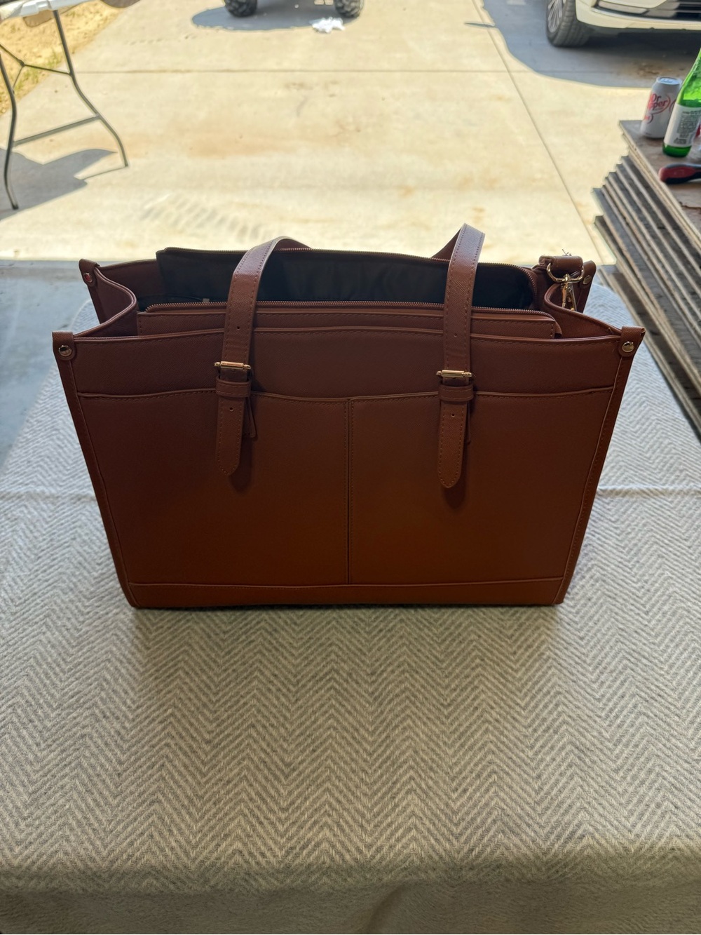 Structured Brown Leather Tote with Exterior Pockets